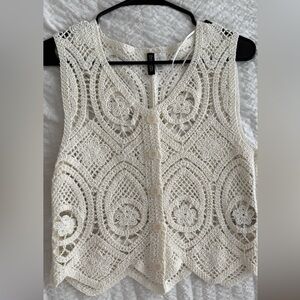 H&M White Crochet Button-Up Tank Top
